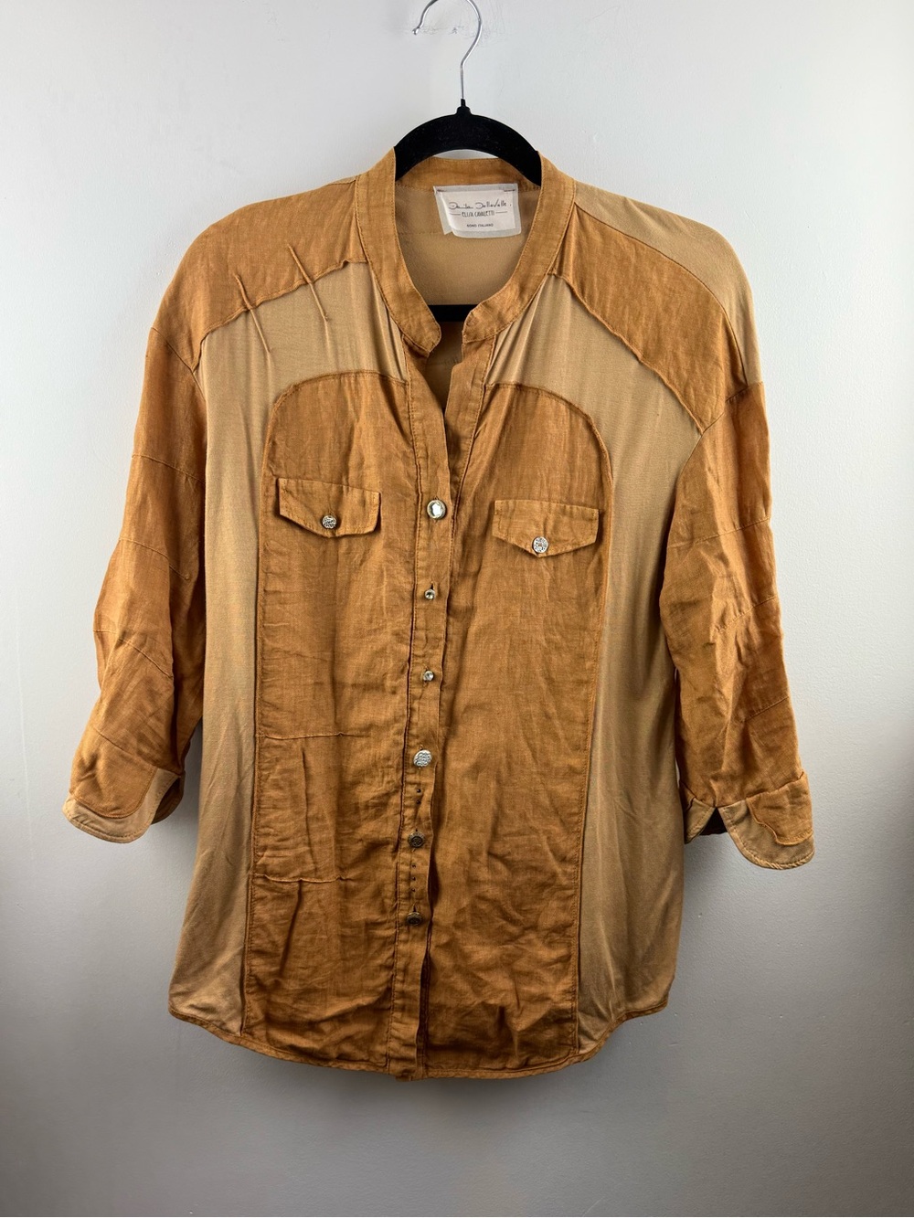 Elisa Cavaletti Italian Linen Mixed Media Lagenlook Blouse Tan S/M